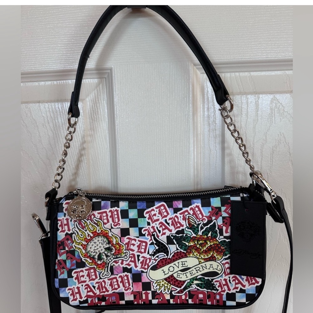 Ed Hardy Black and Multicolor Graphic Shoulder Bag